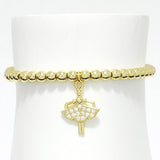 91246, DAINTY HEART ACCENT KEY STAINLESS STEEL BALL BEADED STRETCH BRACELET