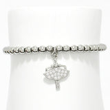 91246, DAINTY HEART ACCENT KEY STAINLESS STEEL BALL BEADED STRETCH BRACELET