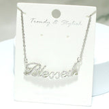 91320, "BLESSED" STAINLESS STEEL CUBIC ZIRCONIA NECKLACE, RELIGIOUS