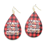 91518, "LET IT SNOW" PLAID PRINT FAUX LEATHER TEARDROP EARRING, CHRISTMAS, HOLIDAY