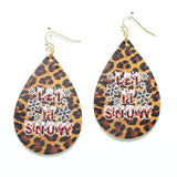 91518, "LET IT SNOW" LEOPARD PRINT FAUX LEATHER TEARDROP EARRING, CHRISTMAS, HOLIDAY