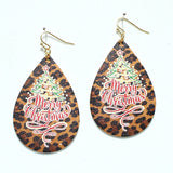 91519, "MERRY CHRISTMAS" LEOPARD PRINT FAUX LEATHER TEARDROP EARRING, CHRISTMAS, HOLIDAY