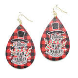 91521, "WALKING IN A WINTER WONDERLAND" PLAID PRINT FAUX LEATHER TEARDROP EARRING, CHRISTMAS, HOLIDAY