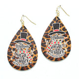 91521, "WALKING IN A WINTER WONDERLAND" LEOPARD PRINT FAUX LEATHER TEARDROP EARRING, CHRISTMAS, HOLIDAY