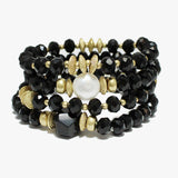 91580, SEMI PRECIOUS & FRESHWATER PEARL MULTI LAYERED BEAD STRETCH BRACELET