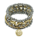 91685, ENGRAVED COIN CHARM MULTI LAYERED BEAD STRETCH BRACELET