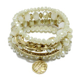 91685, ENGRAVED COIN CHARM MULTI LAYERED BEAD STRETCH BRACELET