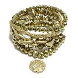 91685, ENGRAVED COIN CHARM MULTI LAYERED BEAD STRETCH BRACELET