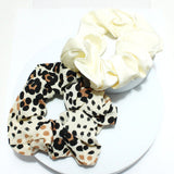 91708, LEOPARD N SOLID HAIR SCRUNCHIES 2PCS/SET