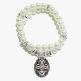 91716, OVAL SHAPE INSPIRATIONAL CHARM PEARL STRETCH BRACELET SET
