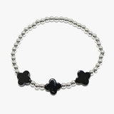 91719, TRIPLE CLOVER ACCENT STAINLESS STEEL BALL BEAD STRETCH BRACELET