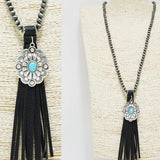 92063, WESTERN CONCHO CHARM WITH LEATHER NAVAJO BEAD LONG NECKLACE
