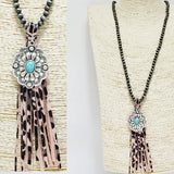 92063, WESTERN CONCHO CHARM WITH LEATHER NAVAJO BEAD LONG NECKLACE
