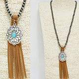 92063, WESTERN CONCHO CHARM WITH LEATHER NAVAJO BEAD LONG NECKLACE