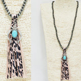 92064, WESTERN SQUASH BLOSSOM CHARM WITH LEATHER NAVAJO BEAD LONG NECKLACE