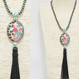92065, WESTERN LEOPARD CROSS BUBBLE GLASS WITH LEATHER NAVAJO BEAD LONG NECKLACE
