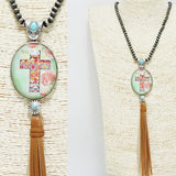92065, WESTERN CROSS BUBBLE GLASS WITH LEATHER NAVAJO BEAD LONG NECKLACE