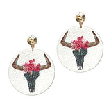 92274, WESTERN FLORAL STEER HEAD FAUX LEATHER EARRING