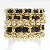 92289, FAUX LEATHER ACCENT MULTI LAYERED BALL BEAD STRETCH BRACELET