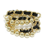 92290, FAUX LEATHER ACCENT MULTI LAYERED BALL BEAD STRETCH BRACELET