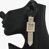 92309, RECTANGLE BELT BUCKLE RHINESTONE DROP EARRING, WEDDING, BRIDAL, PROM