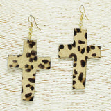 92340, CROSS MOHAIR FUR FAUX LEATHER EARRING, RELIGIOUS
