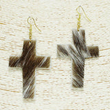 92340, CROSS MOHAIR FUR FAUX LEATHER EARRING, RELIGIOUS