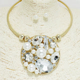 93557, MULTI RHINESTONE WITH PEARL ROUND CHOKER NECKLACE