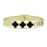 93579, TRIPLE CLOVER ACCENT STAINLESS STEEL BANGLE BRACELET