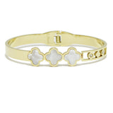 93579, TRIPLE CLOVER ACCENT STAINLESS STEEL BANGLE BRACELET