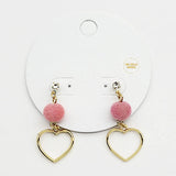 93710, 14K GOLD DIPPED HEART WITH FUR BALL EARRING, VALENTINE'S DAY