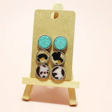 93937, WESTERN LEOPARD ANIMAL PRINT ROUND STUD EARRING SET