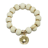 94040, HAMMERED CHARM WITH WOODEN BEAD STRETCH BRACELET