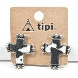 94236, WESTERN COW PRINT VELVET CROSS EARRING