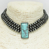 94390, WESTERN RECTANGLE TURQUOISE STONE WITH NAVAJO BEAD CHOKER NECKLACE