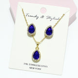 94821, TEARDROP RHINESTONE ACCENT STAINLESS STEEL PENDANT NECKLACE SET