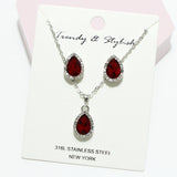 94821, TEARDROP RHINESTONE ACCENT STAINLESS STEEL PENDANT NECKLACE SET