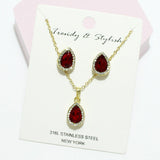 94821, TEARDROP RHINESTONE ACCENT STAINLESS STEEL PENDANT NECKLACE SET