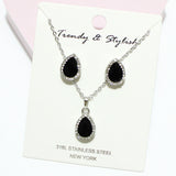 94821, TEARDROP RHINESTONE ACCENT STAINLESS STEEL PENDANT NECKLACE SET