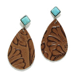 95002, TEARDROP FAUX LEATHER WITH TURQUOISE ACCENT EARRING