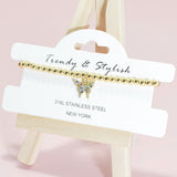 95146, PAVE BUTTERFLY CHARM STAINLESS STEEL BALL BEAD STRETCH BRACELET