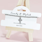 95147, PAVE CROSS CHARM STAINLESS STEEL BALL BEAD STRETCH BRACELET