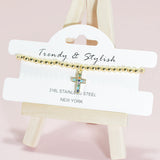 95147, PAVE CROSS CHARM STAINLESS STEEL BALL BEAD STRETCH BRACELET