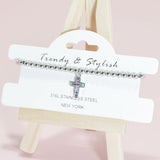 95147, PAVE CROSS CHARM STAINLESS STEEL BALL BEAD STRETCH BRACELET