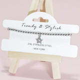 95149, PAVE STAR CHARM STAINLESS STEEL BALL BEAD STRETCH BRACELET