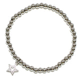 95149, PAVE STAR CHARM STAINLESS STEEL BALL BEAD STRETCH BRACELET