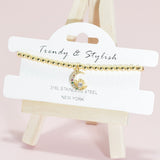 95151, PAVE MOON & STAR CHARM STAINLESS STEEL BALL BEAD STRETCH BRACELET