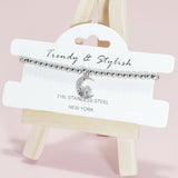 95151, PAVE MOON & STAR CHARM STAINLESS STEEL BALL BEAD STRETCH BRACELET