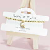 95151, PAVE MOON & STAR CHARM STAINLESS STEEL BALL BEAD STRETCH BRACELET