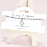 95152, PAVE CLOVER CHARM STAINLESS STEEL BALL BEAD STRETCH BRACELET